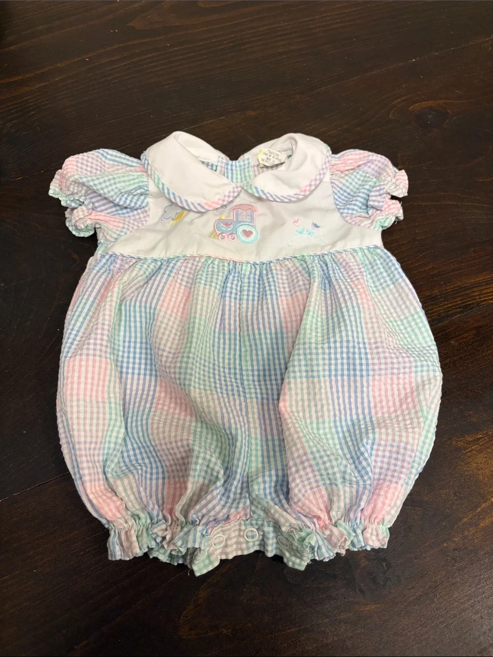Vintage Pastel Gingham Baby Bubble Romper with Embroidered Train 3-6 months